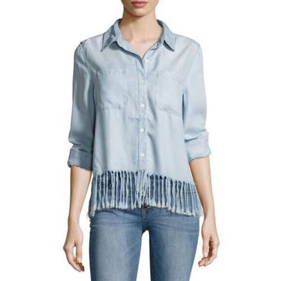 Rails Light Blue Small Fringed Detail Long-Sleeve Button-Down Soft Lyocell Shirt - Picture 6 of 13
